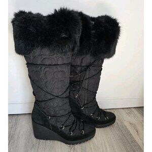 Coach Sofie Black Wedge Heel Quilted Signature Platform Fur Trim Boots Size 8 M